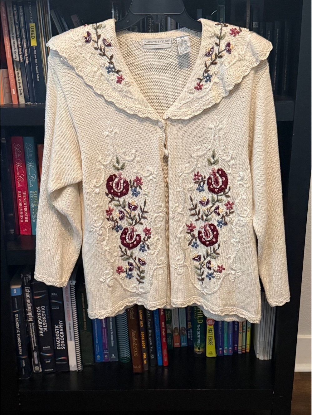 Carolyn Taylor Vintage Cottagecore Cream Embroidered Knit Cardigan